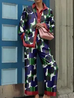 2025 Spring New Loose Vintage Printed Pajamas Set Loungewear Sleepwear for Women 2 Pieces Long Sleeve Big Size Pyjama Tracksuit