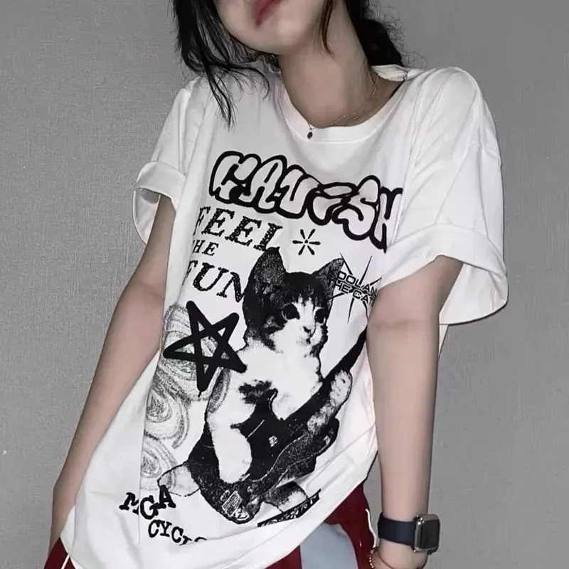 

American Cat Rock Guitar Graphic Short Sleeve T-Shirt Loose Korean Fashion Oversized Women's Summer Clothes Streetwear