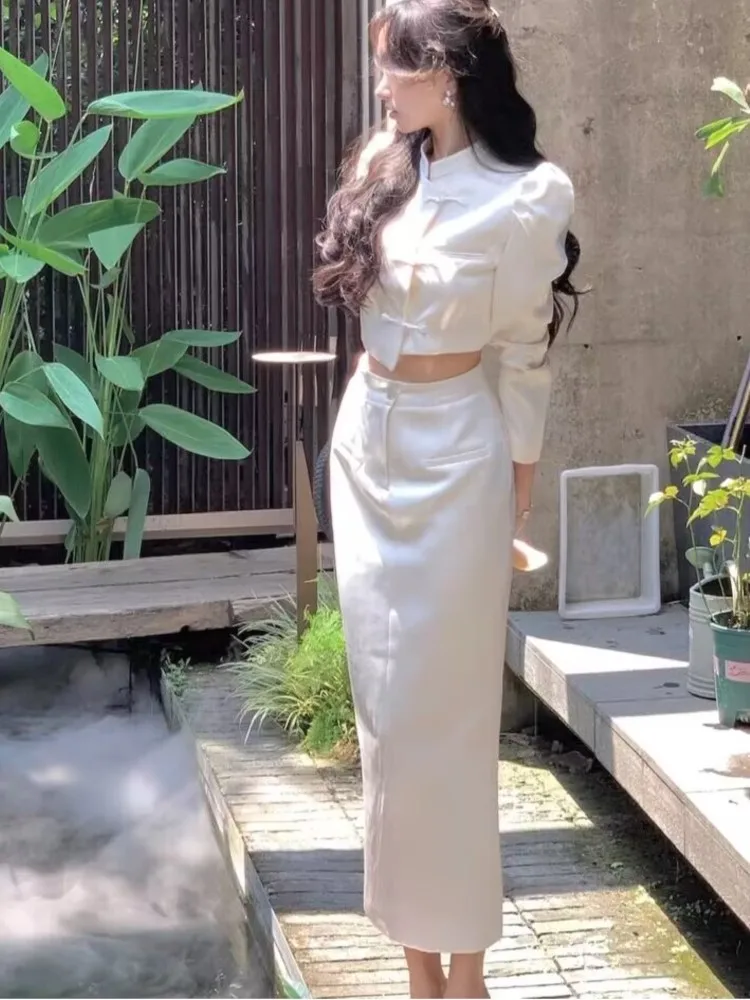 Autumn New Chinese Style Satin 2-Piece Set Vintage Short Blazer High Waist Hip-Wrapped Pencil Skirt Suit Women Luxury Clothing