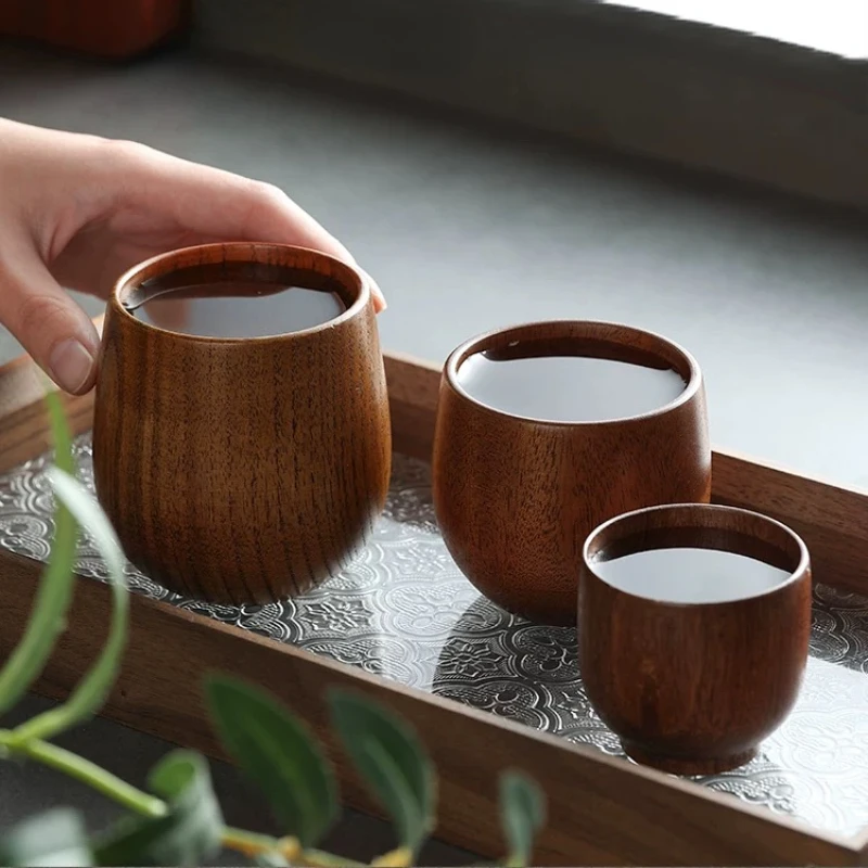 Japanese Style Wooden Teacups Solid Wood To-go Cups Handmade Wooden Water Cups Big Belly Wine Glass