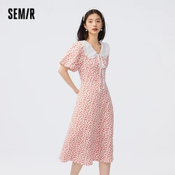 Semir Women Dress Stringy Selvedge Doll Collar Puff Sleeve Mid-Length Skirt Sweet Autumn Chiffon Texture Floral Romantic Dress