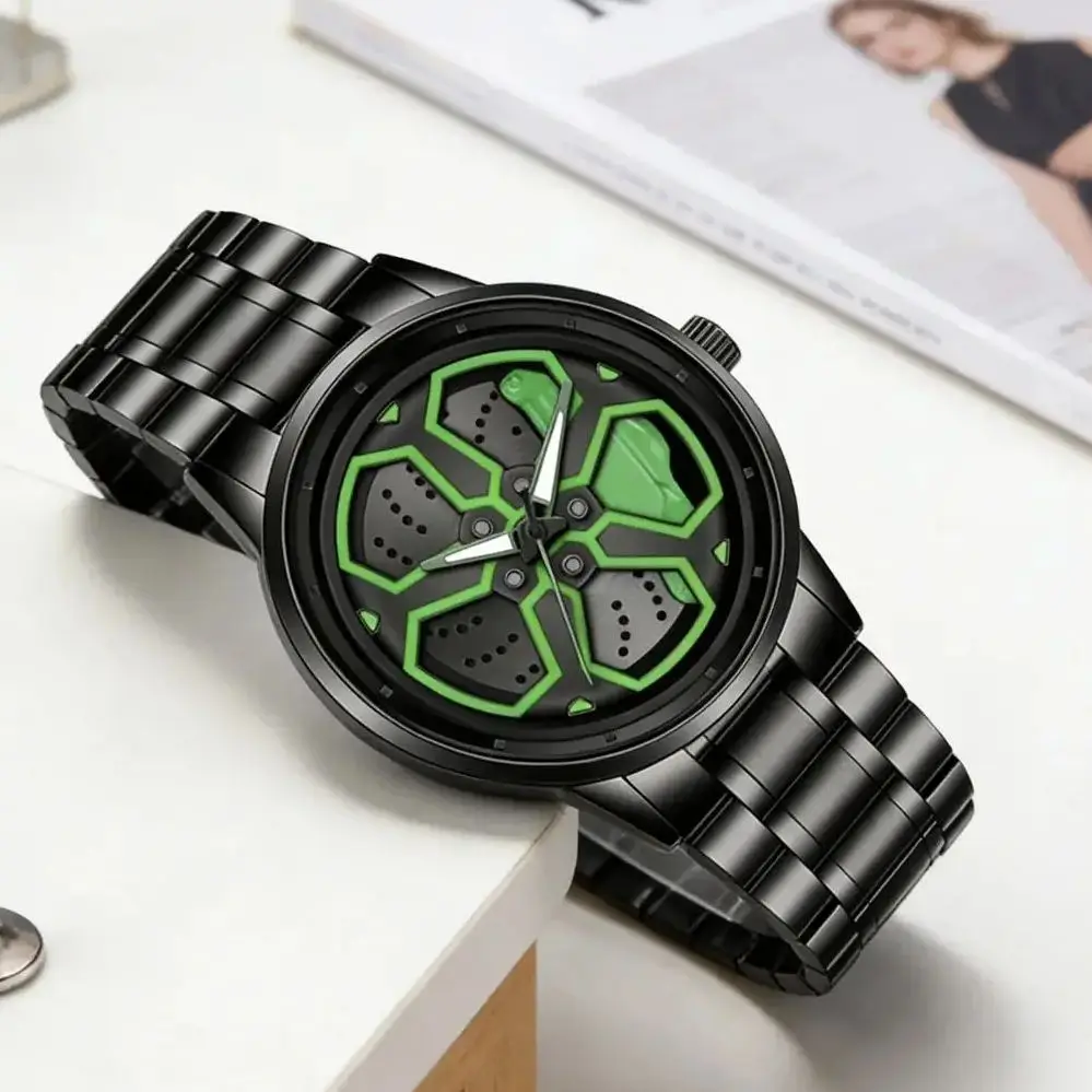Sports Men Watch 42mm Green Rotating Creative Dial Black Stainless Steel 3Bar Waterproof Fashionable Casual Wrist Watch for Men