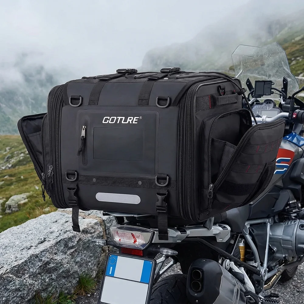 Waterproof Motorcycle Tail Luggage Bag, 50L-70L Expandable, Bag with 5 Rack Mount Straps,a Rain Cover Included,
