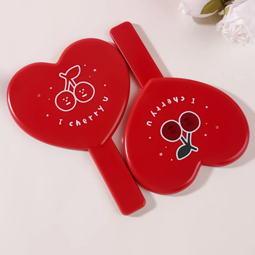 Cherry Love Heart Shaped Makeup Mirror Portable Handheld Red Cosmetic Mirror To Carry Around Beauty Accessories Women Girl Gifts