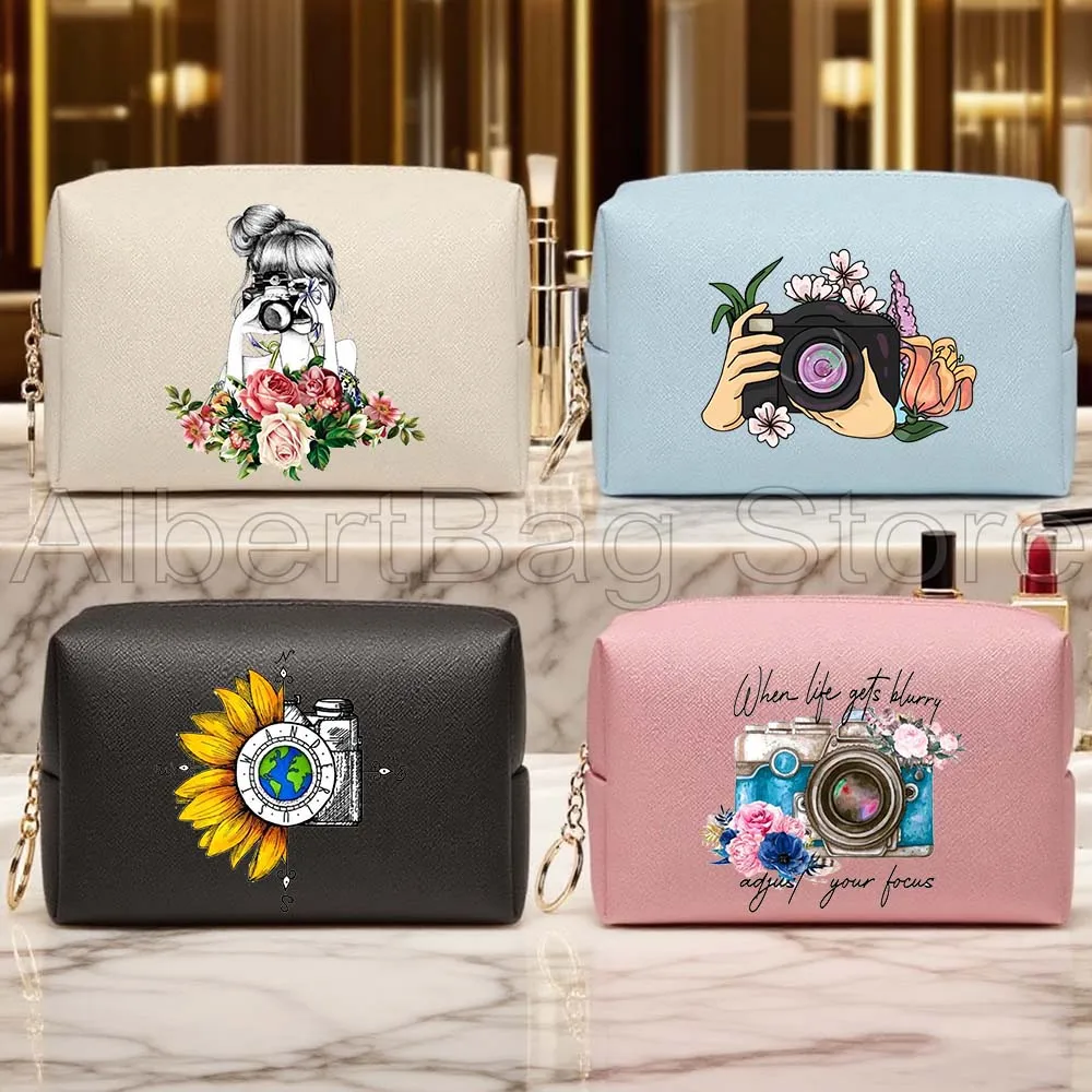 

Fashion Floral Camera Girl Butterfly Sunflower Gifts PU Leather Travel Cosmetic Bags Women Makeup Case Waterproof Organizer Bags