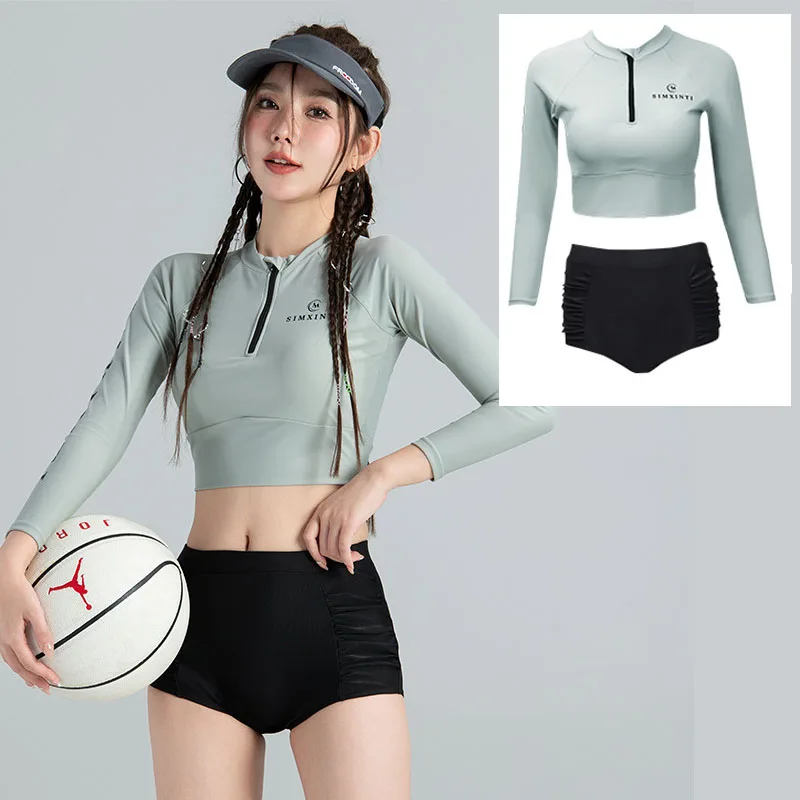 Rash Guard Women Long Sleeve Bathing Suits 2pcs Swimsuit Athletic Swimwear Bikini Crop Top With Boyshorts Tankini Gym Tracksuits