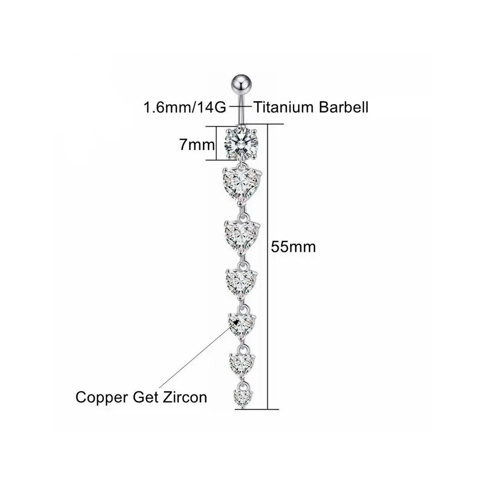 Silver Color Long Pendant Drop Navel Ring With CZ Heart 6-16mm Medical Titanium Curved Barbell 14G Belly Button Piercing Jewelry view 6