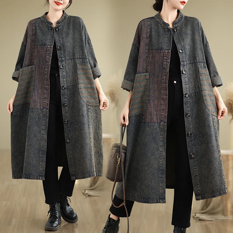 

2025 Spring Vintage Long Coats Womens Fashion Oversized Denim Trench Ladies Vintage Casual Loose Classic Windbreakers