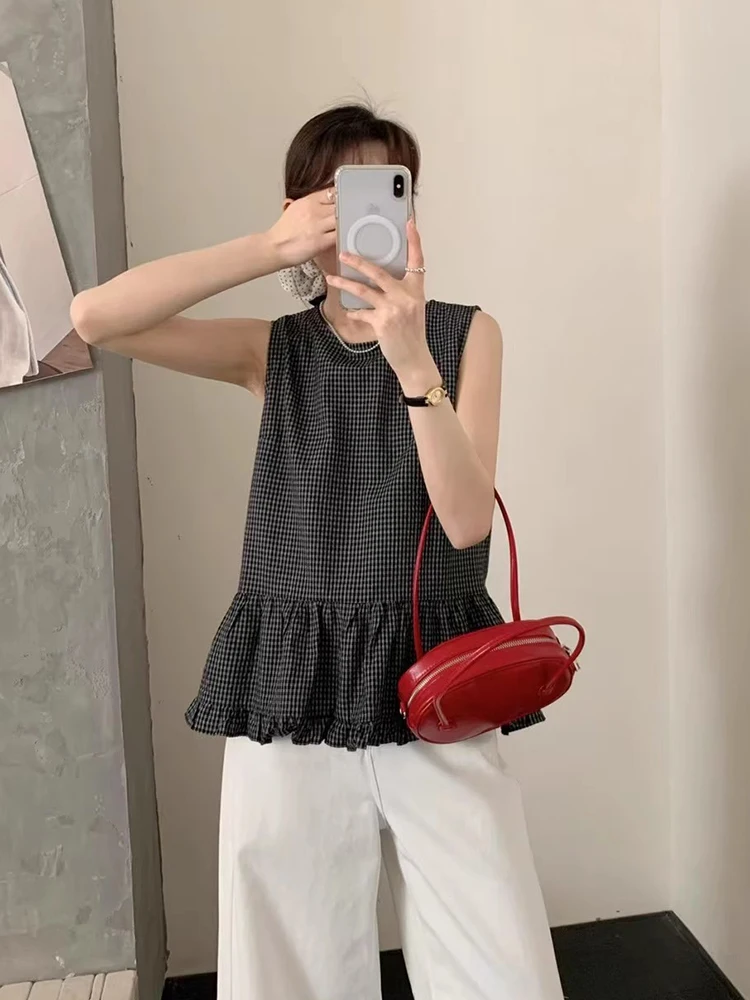 Gilet da donna vintage scozzese Bal con bottone singolo Estate New Sle Agel Svel irt Top Loose Fit Commute Sle