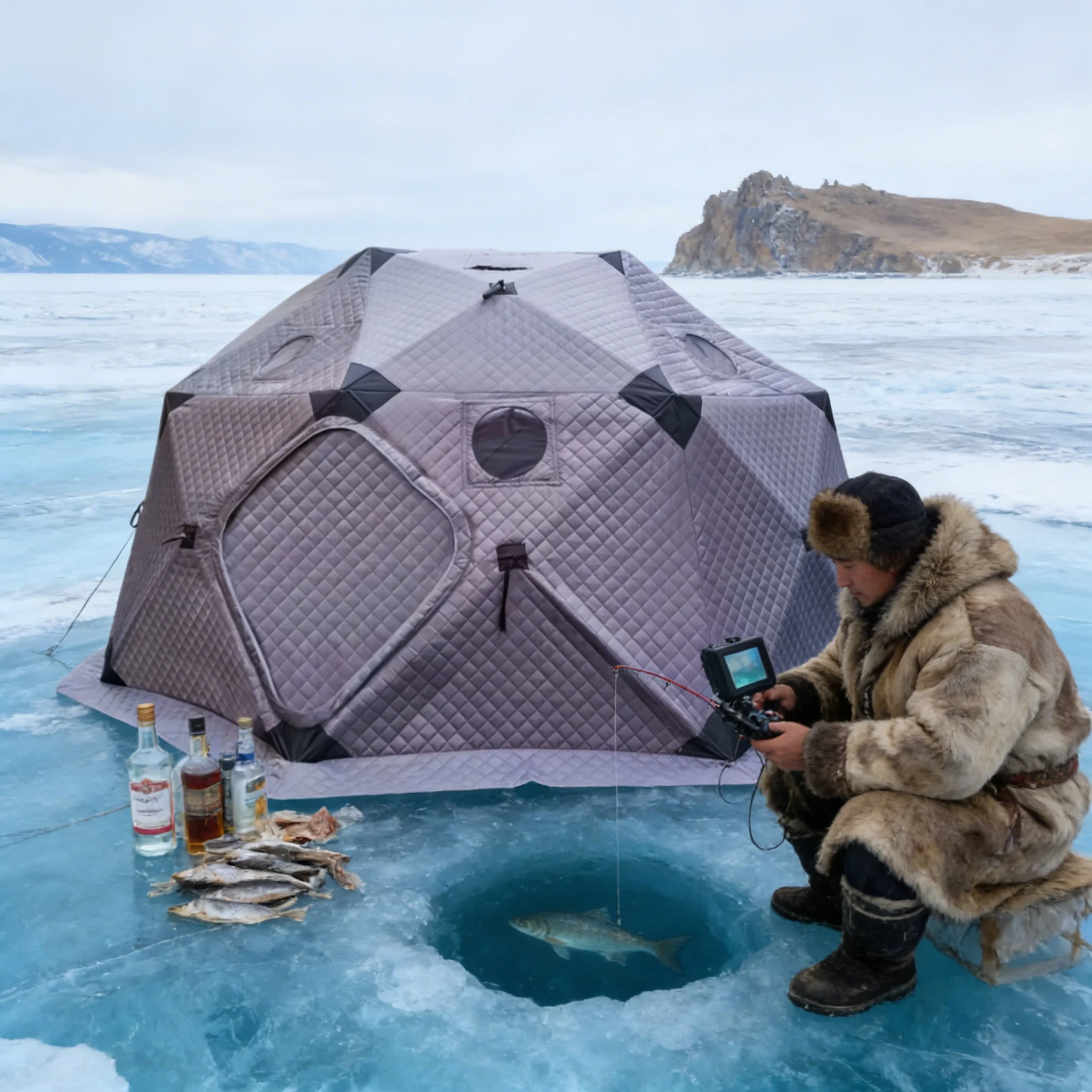 Heavy Duty All Weather Ice Fishing Shelter with Thermal Lining for Extreme Cold Protection and Warmth