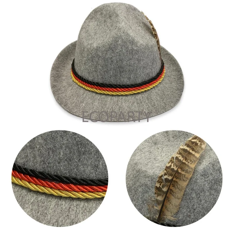 Traditionele Oktoberfest Halloween Mannen Vilten Hoed Duits Alpine Cap Veren Decoratie Voor Partij Volwassen Neutrale Kostuum Accessoires