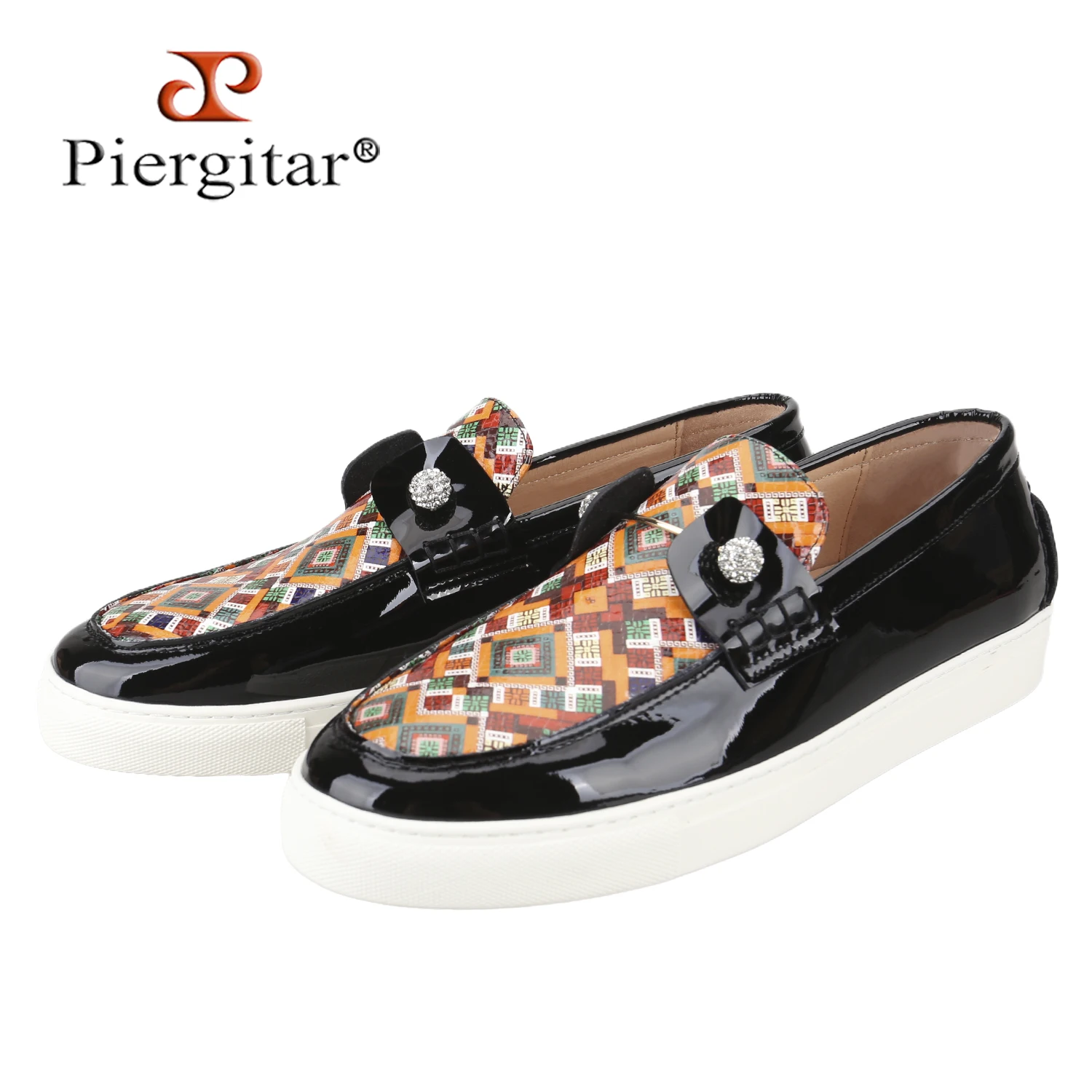 Piergitar Black Patent Leather Patchwork Custom Totem Leather Men's Casual Board Shoes Handmade Crystals Buckles Slip-On Seakers