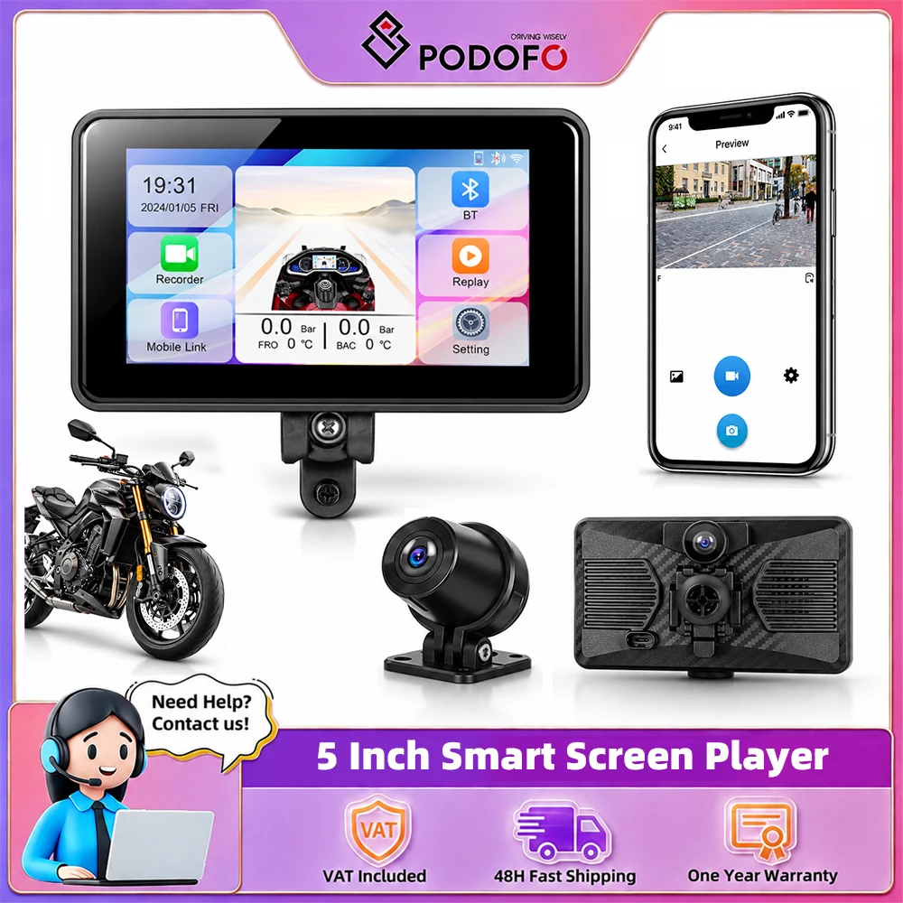 Podofo, cruscotto digitale per moto da 5 pollici, con Carplay wireless, Android Auto, lettore multimediale portatile, resistente all’acqua (IPX8), radio HD, equalizzatore, DVR e sistemi di guida