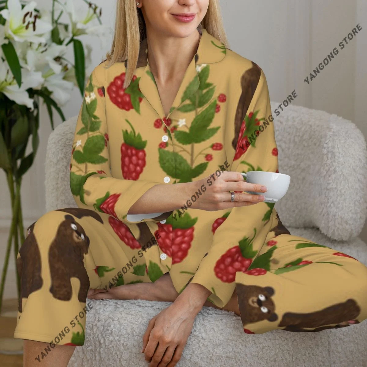 

Женская одежда для сна, домашняя одежда, милые медведи и малиновые брюнки, рубашка с длинными рукавами и лацканами, брюки с эластичной резинкой на талии, пижамный комплект