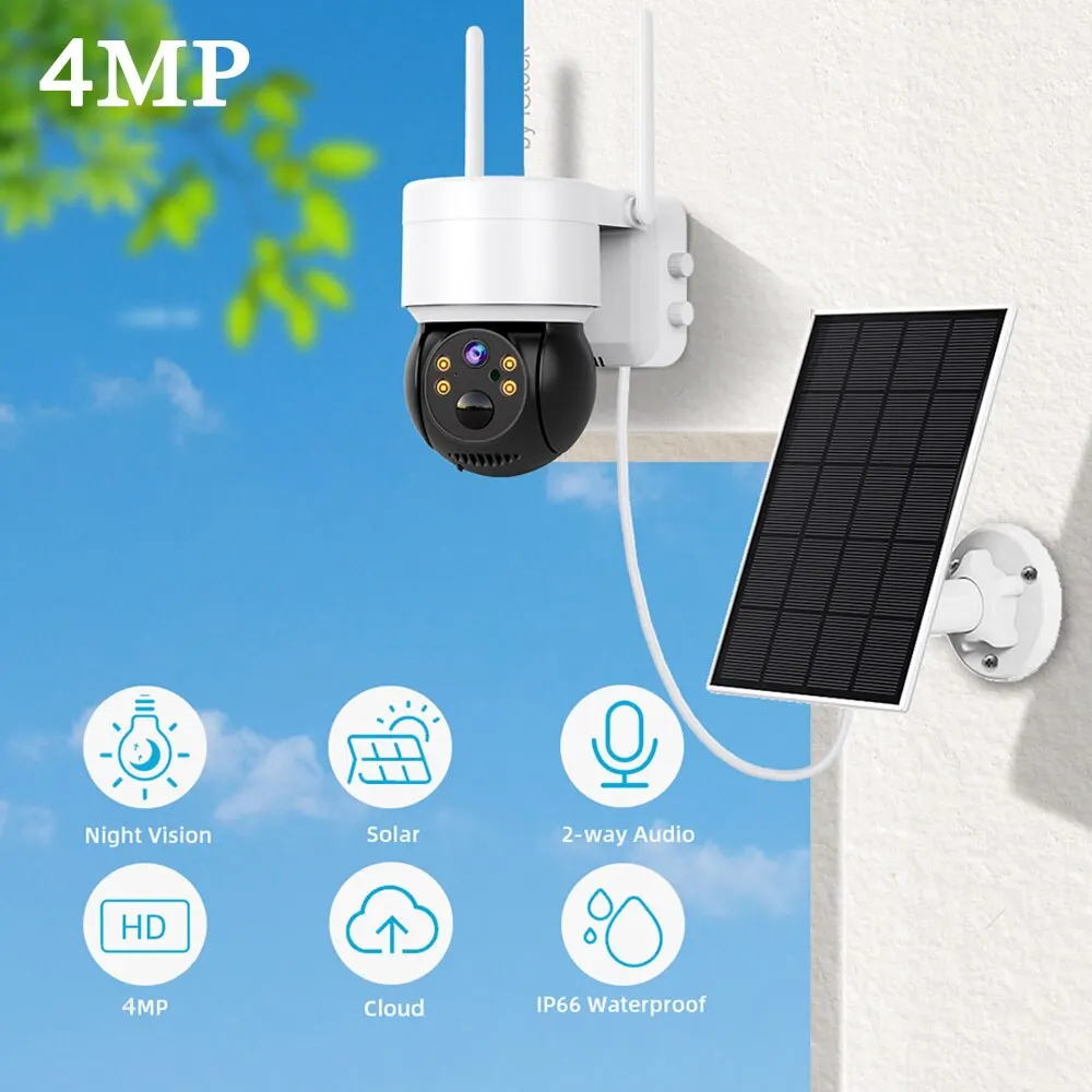 Cámara Solar con WIFI para exteriores, videocámara de seguridad inalámbrica de 4MP, HD, CCTV, impermeable, visión nocturna, PIR, detección humana, PTZ, con Panel Solar