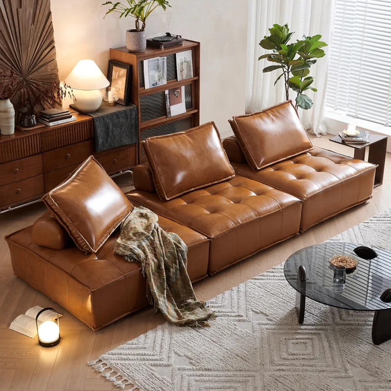 Vintage Piedmont Leather Sofa Living Room Module Sofa Small Apartment Italian Simple Combination Square Sofa