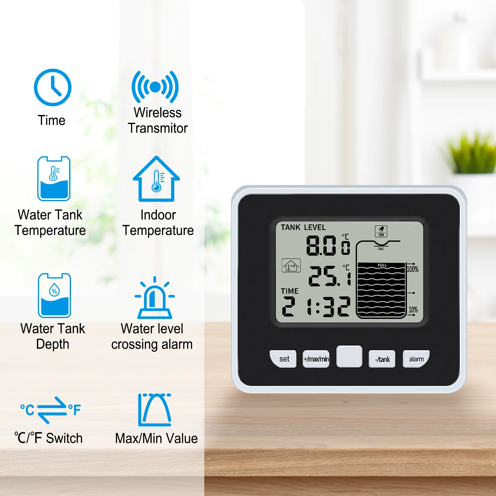 【ساخن】شاشة مستوى خزان المياه اللاسلكية 100 متر نقل عن بعد إنذار درجة حرارة عالية/منخفضة شريط عرض LCD لأبراج المياه