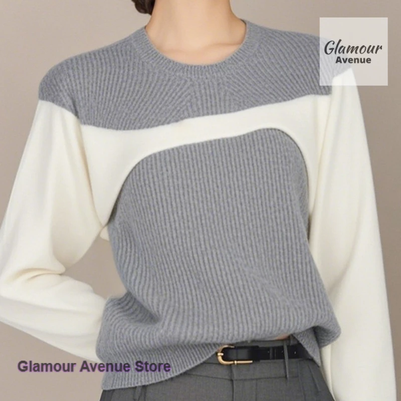 

French style lazy design sense niche high-grade shirt women's spring and autumn new fashion gray stitching sweater sweater