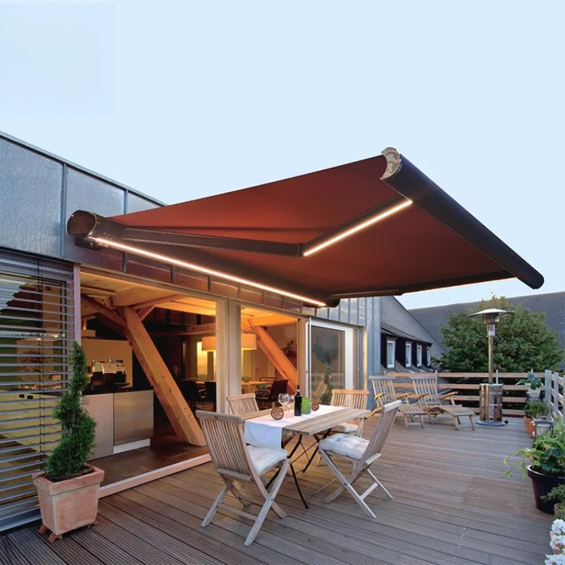 Smart Electric Retractable Patio Awning Full Cassette Aluminum Canopy with LED Lights  Waterproof Tarpaulin for Outdoor Sun Rain
