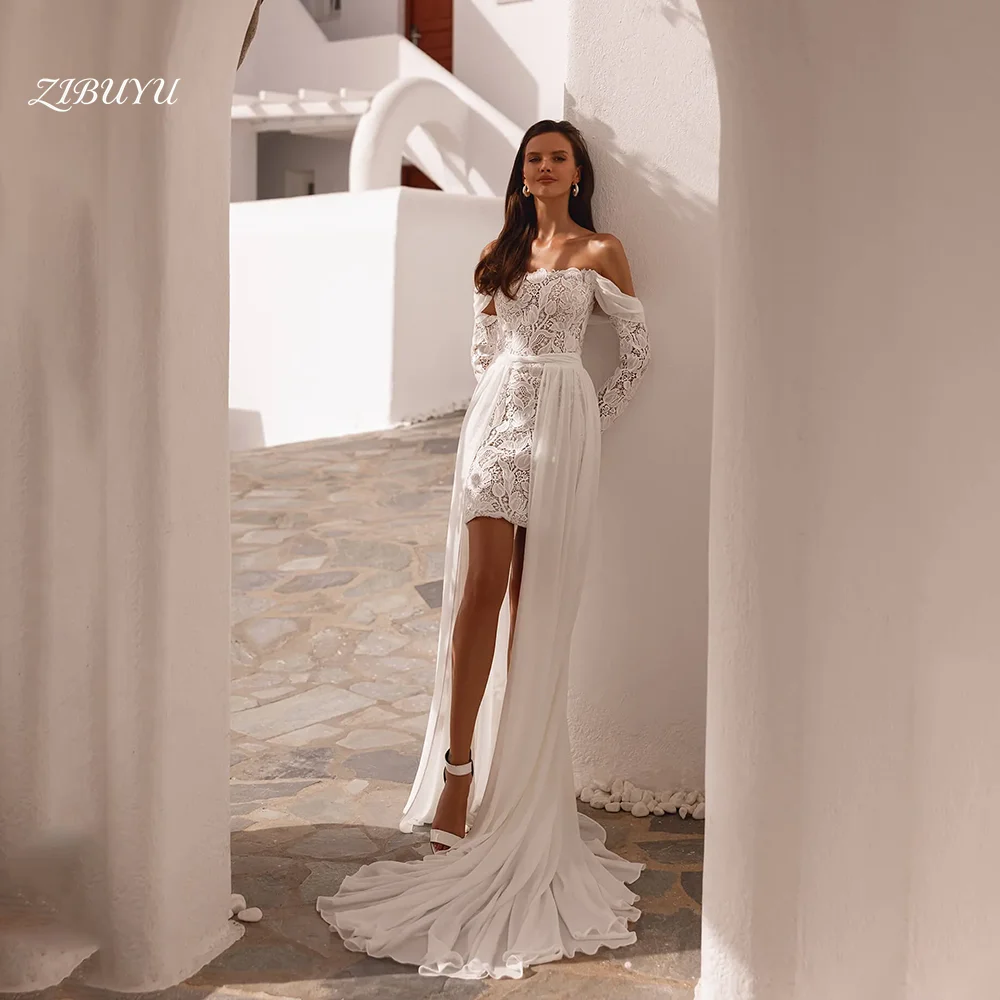 

Свадебное платье ZIBUYU на заказ: Элегантное, роскошное, с открытыми плечами, цветочным кружевом, квадратным вырезом, аппликациями и съемной шифоновой юбкой