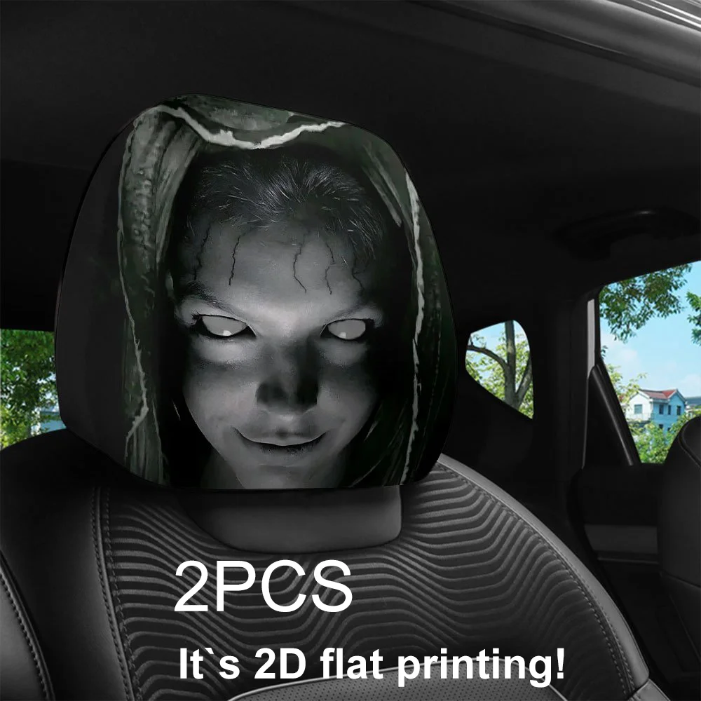 2Pcs White-Eyed Grinning Scary Ghost Lady Car Headrest Covers, Halloween Themed 2D Print, Soft High-Elastic, Universal