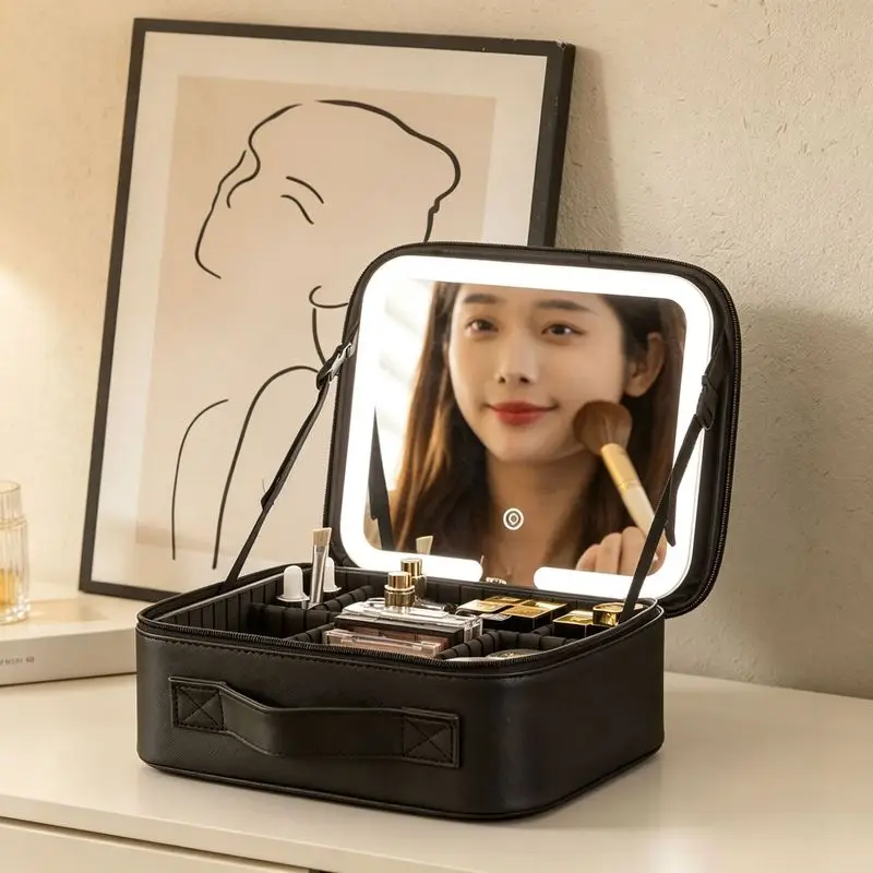 mirror makeup bagLEDLarge-capacity portable makeup bag with mirror and light strip, perfect for makeup artists