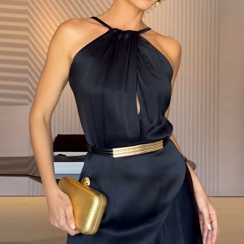 Damen Sexy Neckholder Satin Slim Partykleid Frühling Einfarbig Hochgeschnittenes Rüschen-Unregelmäßiges Langes Kleid Sommer Ärmelloses Ausgeschnittenes Boho-Kleid
