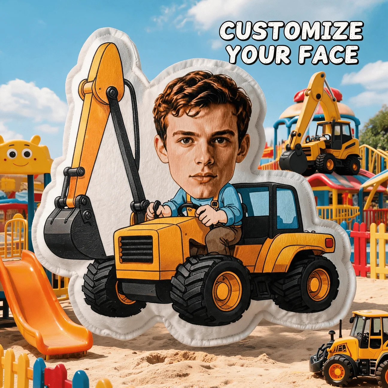 Custom Face Excavator Shaped Pillow, Personalized Photo Decorative Cushion with Construction Vehicle Design, Unique Home Decor A