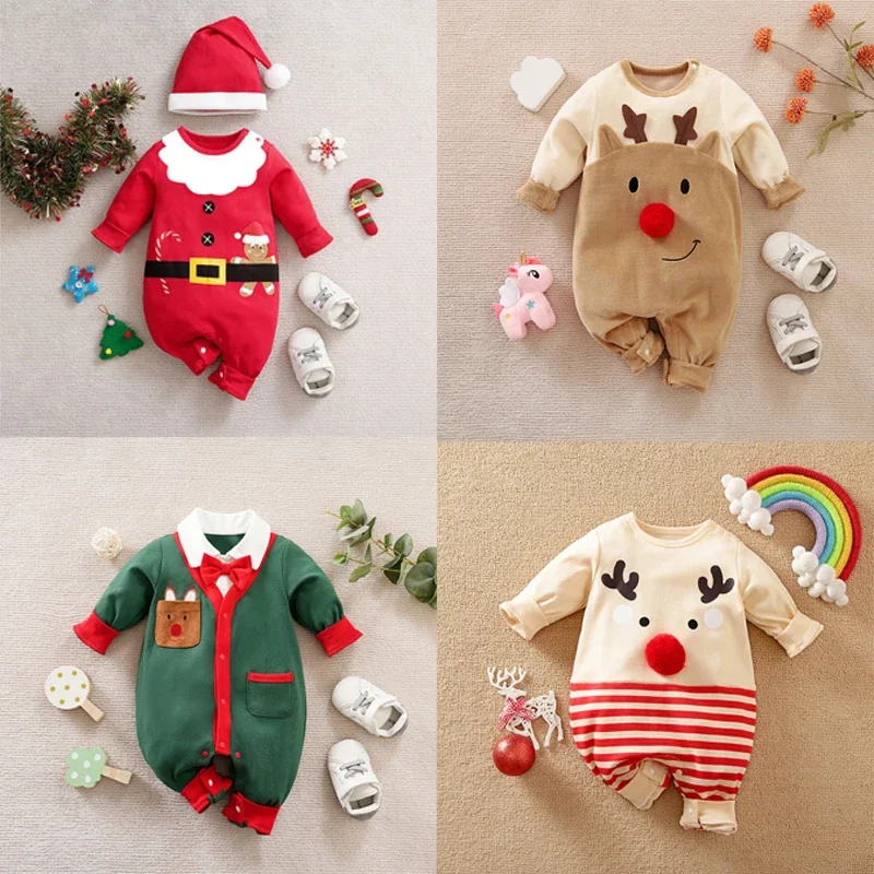 

0-24 Months Spring Autumn Baby Boys Girls Christmas Style Cartoon Deer Jumpsuit New Year Costume For Newborn Christmas Clothes