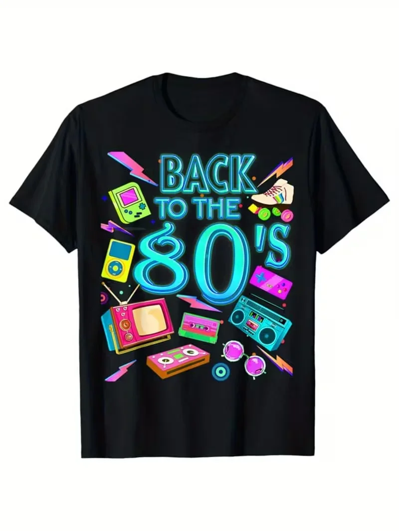 3D Digital Print Retro 80s Graphic T-Shirt For Men Vibrant Neon Carnival Design Breathable Round Neck Short Sleeve Tops