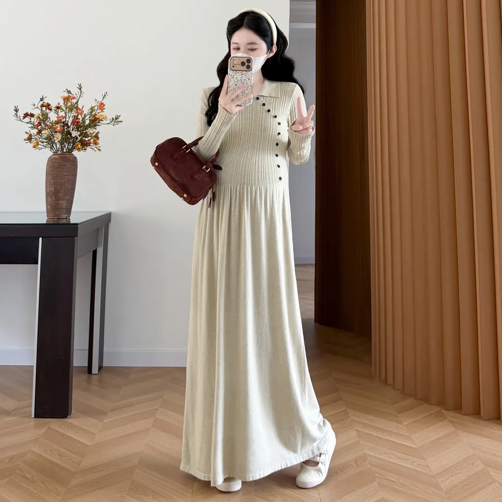 Maternity Knit Long Sleeve Maxi Dress Autumn Lapel Collar A-line 2026 Gentle Elegant