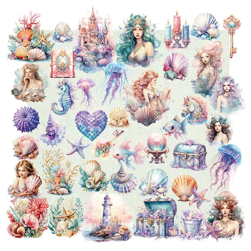 42Pcs Shell Mermaid Transparent Stickers Travel Junk Journal Craft Paper DIY Scrapbooking Craft Diary Album TN Decorative