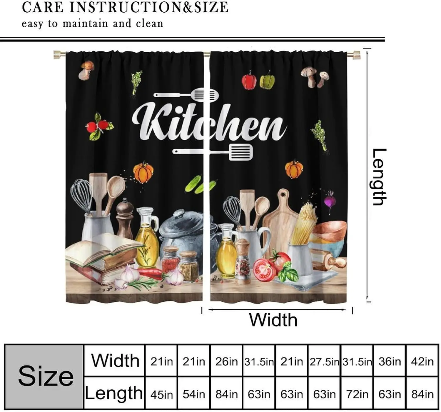 Retro Kitchen Curtains, Vintage Fruits Vegetables Tableware Cooking Theme Window Drapes for Cafe Restaurant Living Room