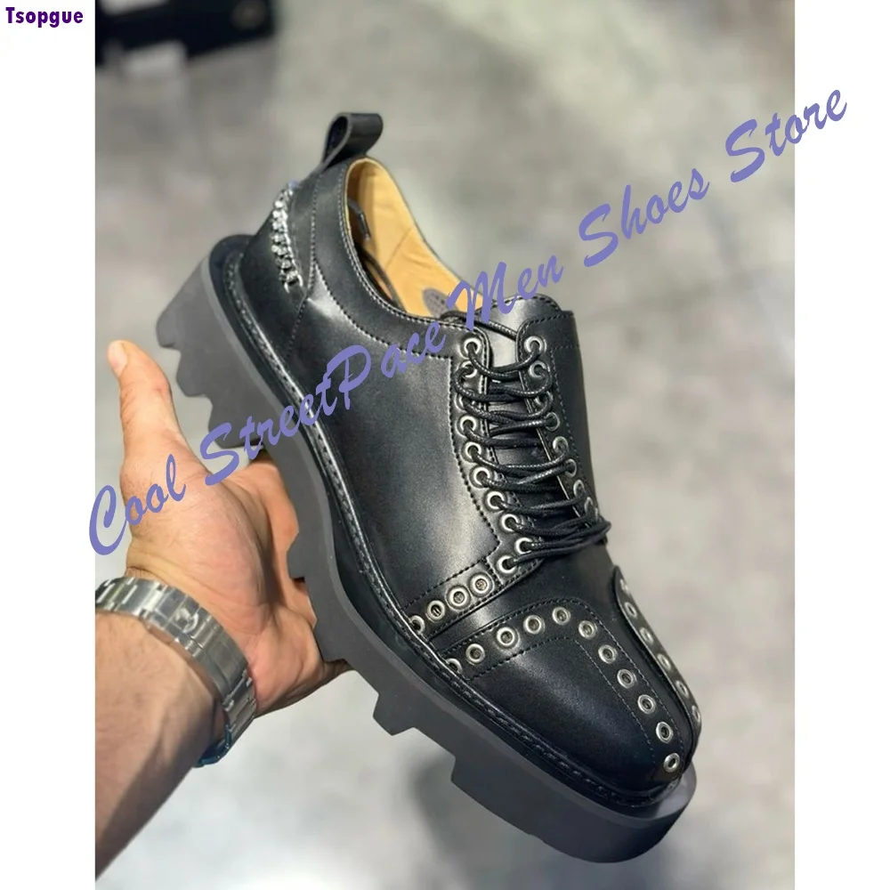 Men Punk Rivet Platform Derby Shoes Thick Sole Lace Up Leather Dress Shoes Gothic Streetwear Height Increasing Men Casual Shoes