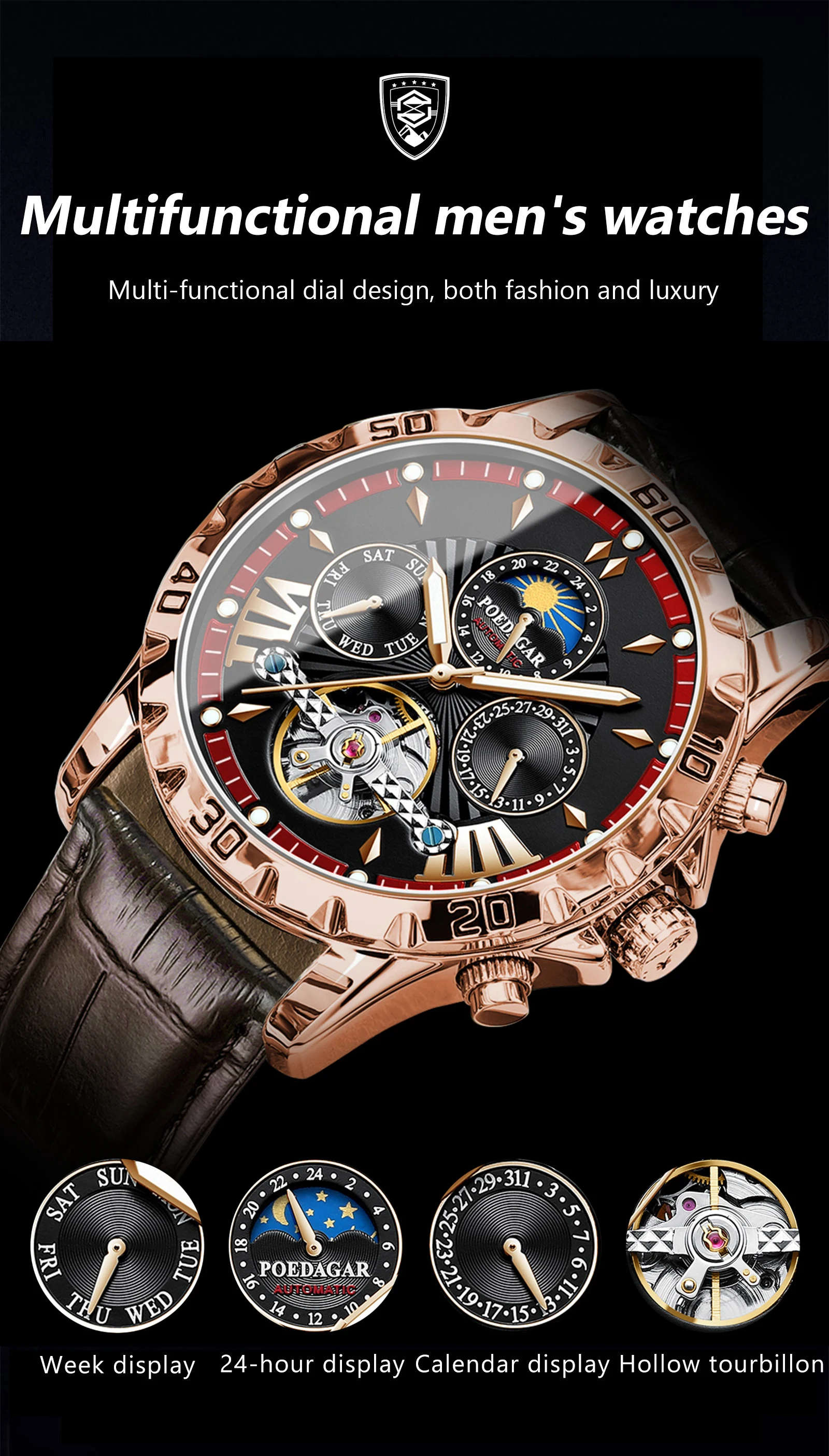 POEDAGAR Luxury Automatic Mechanical Men Watch Hollow Tourbillon Waterproof Luminous Male Clock Week Date Business Men's Watches