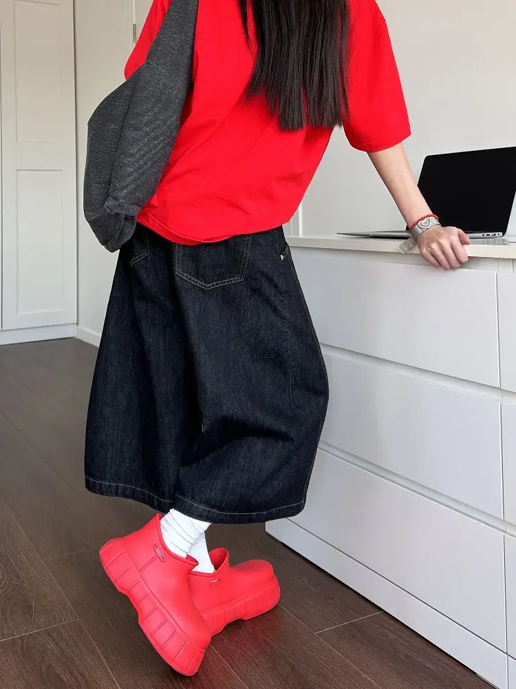 Men's Fashion Baggy Denim Shorts Vintage Wide Leg Cropped Pants Summer Cool Boy Casual Bottom Male High Waist Half Trousers