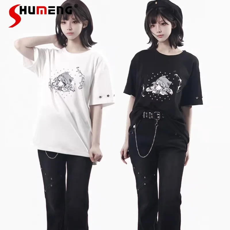 

Japanese Original Design 3D Star Black And White Cotton Short-sleeved T-shirt Top Bottming Shirt Summer 2026 New O-neck Tshirts