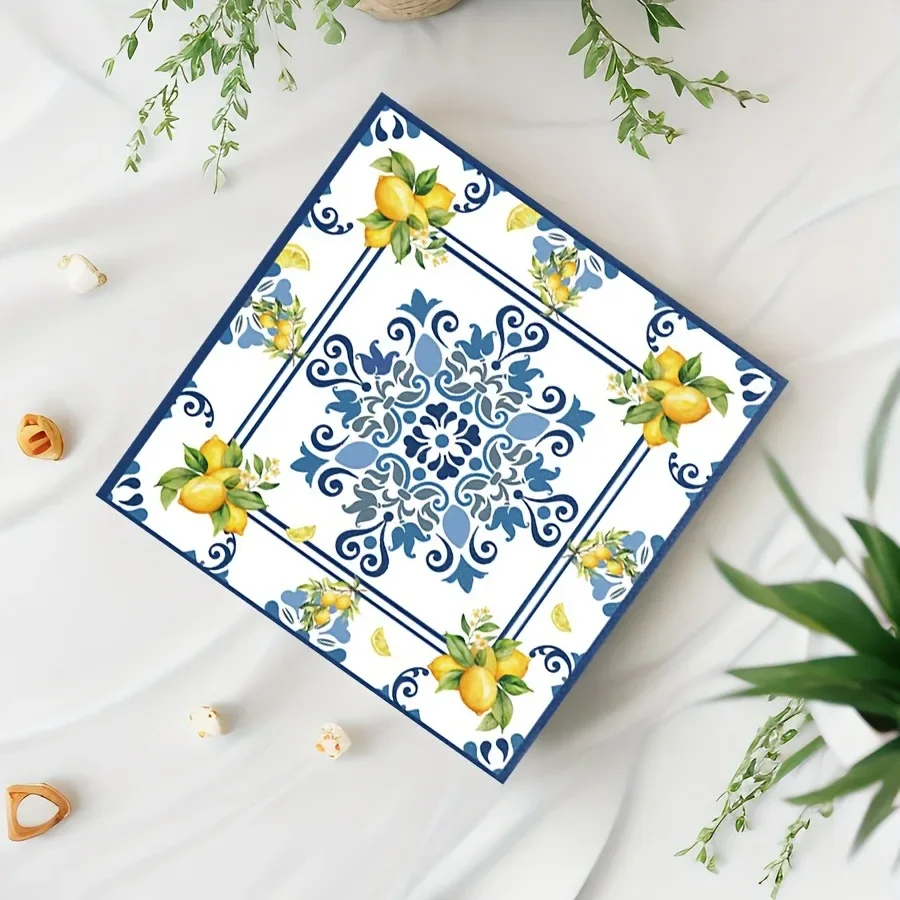 Tovagliolo usa e getta in porcellana di limone Tovagliette in carta stampata bianca blu per forniture per il layout del tavolo da pranzo per feste di matrimonio