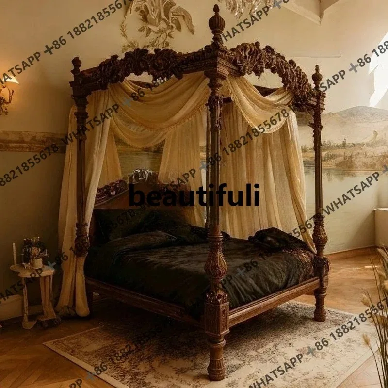 Medieval three-dimensional carved four-poster bed antique heavy industry carved double bed