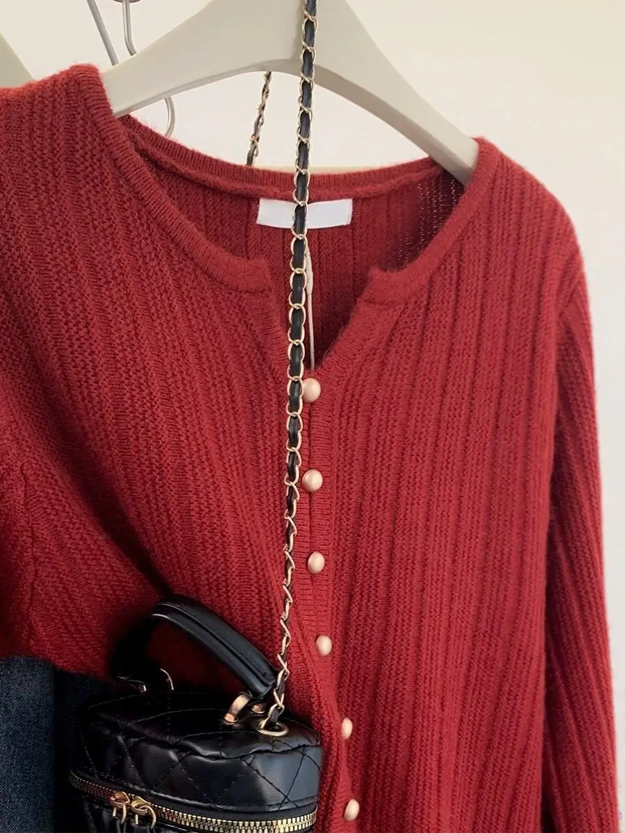 Red Knitted Camere Wool Loose Fit oulder V-Ne Sweater Women's Autumn Winter Outerwear Soft Comfortable Commute Sle