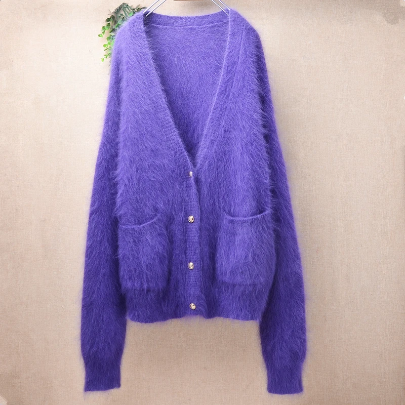

Ladies Women Autumn Winter Clothing Hairy Mink Cashmere Knitted V-Neck Long Sleeves Short Style Loose Cardigans Sweater Jacket
