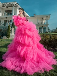 Fluffy Hot Pink Women Formal Dress Tiered Off Shoulder Maxi Prom Gown Evening Cocktail Party Gown Robe De Soriee