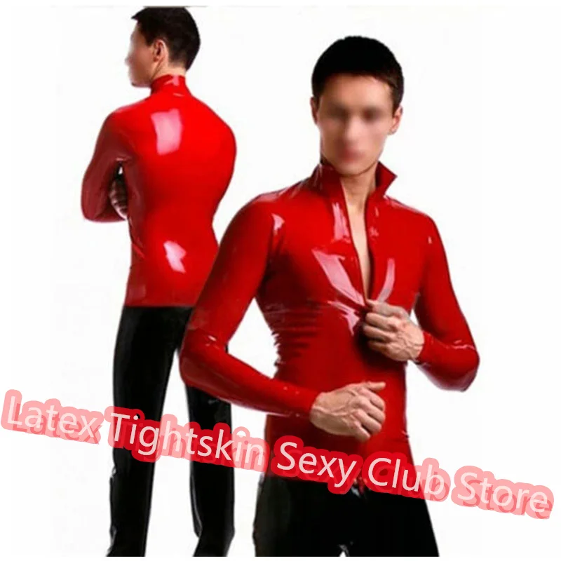 

Handmade Latex Men Long Sleeve Top Latex T-shirt Sexy Lingerie Red with Front Zip Rubber Suit Cosplay Costume