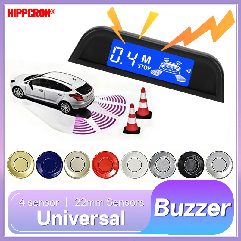 HIPPCRON Car Parking Sensor Kit Built-in Buzzer LCD Screen 12V Universal Sound Alert Probe 4 Sensors 22mm Black Reverse Radar