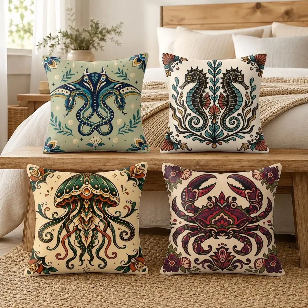 Marine Mythology Tattoo Cushion Cover Soft Short Plush Pillow Cover Smooth Cozy Texture Aesthetic Cushion Case Home Decor