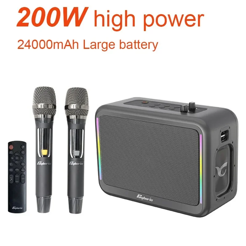 Cyboris 200W Multifunctional Karaoke Bluetooth Speaker with 7 Sound Units 2 UHF Wireless Microphones Portable HIFI Heavy Bass