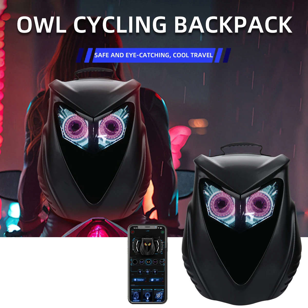 

Owl Shape LED Screen Backpack Motorcycle Helmet Hard Shell Bag Large Capacity Cycling Riding Bag DIY Pattern For Outdoor Travel
