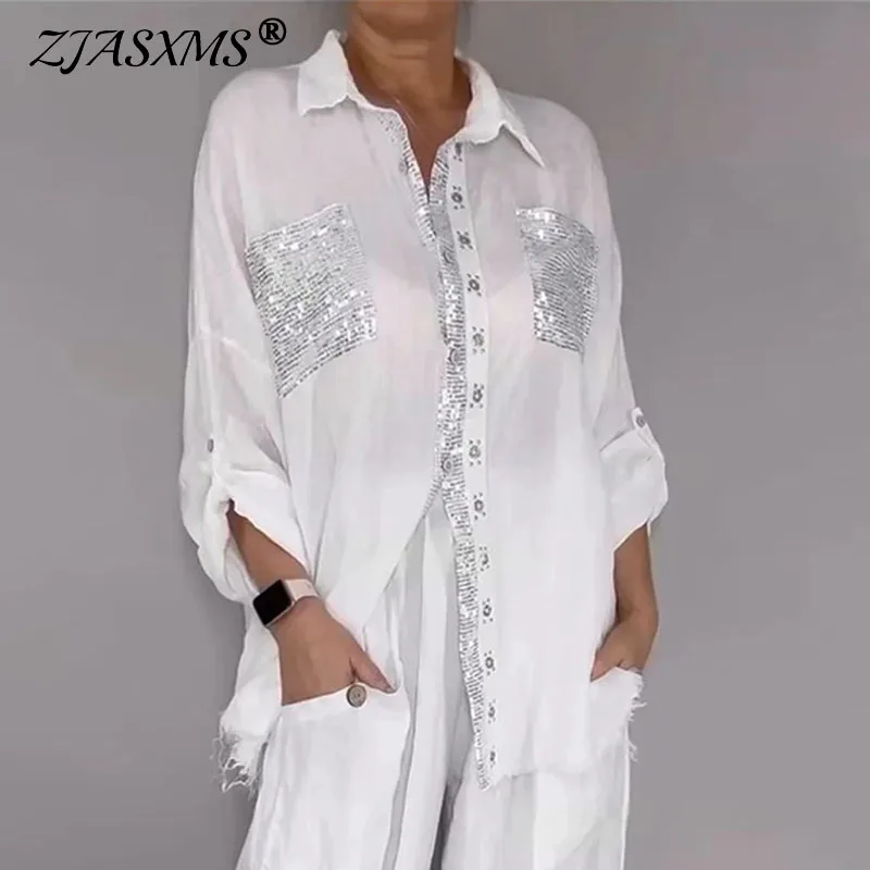 Casual Sequin Patch 2 Piece Outfit Ladies Turn‑Down Collar Frayed Button‑Up Shirt & Wide Leg Pants Set Daily Holiday Street Suit