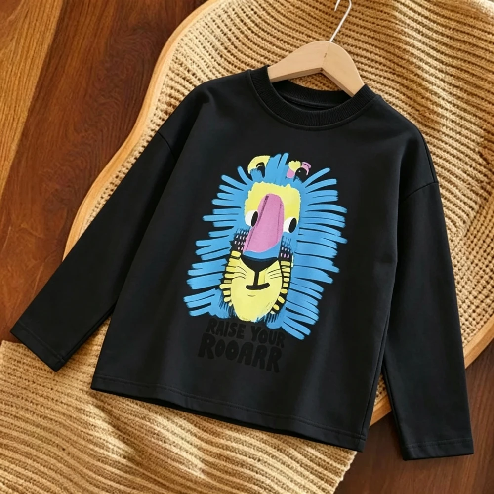 Kids Long Sleeve Crew Neck Tee Shirt Cartoon Print New Arrival For Boys And Girls Simple Loose Fit Autumn style Animals Design