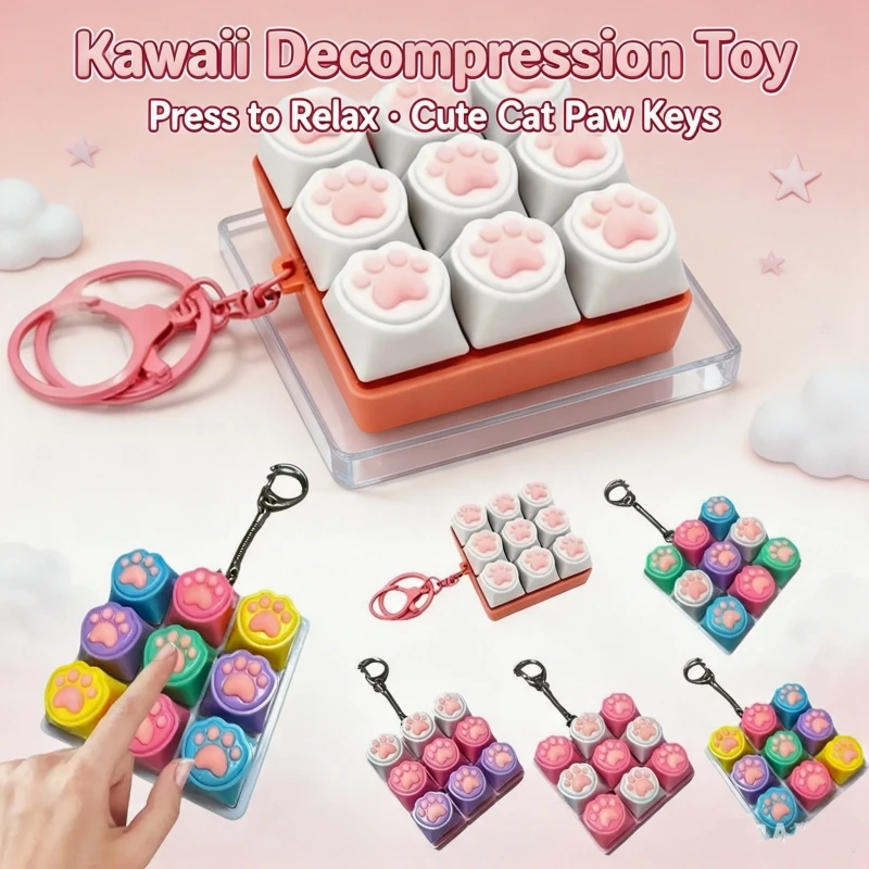 Cat Paw Fidget Keyboard Key Anti‑Stress Toy, Portable Finger Clicker Keychain for Adults Kids